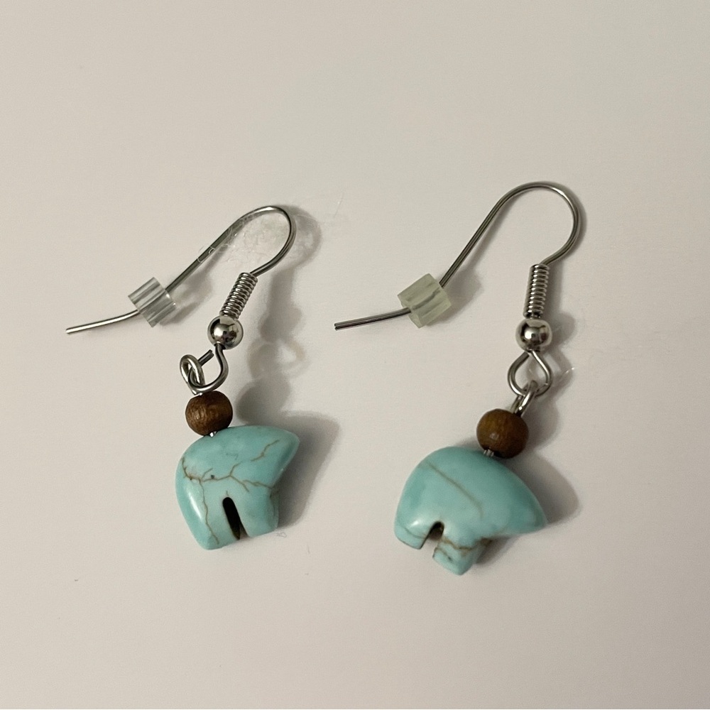 Southwestern Carved Turquoise-Style Bear Fetish Dangle Earrings
